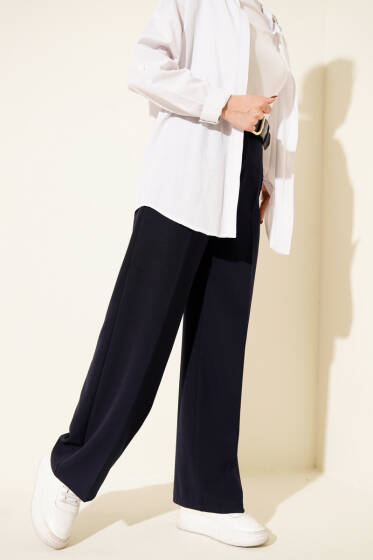 Geniş Kemerli Bol Paça Pantolon Lacivert - Pantolon