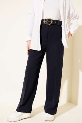 Geniş Kemerli Bol Paça Pantolon Lacivert - Pantolon