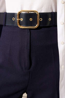 Geniş Kemerli Bol Paça Pantolon Lacivert - Pantolon