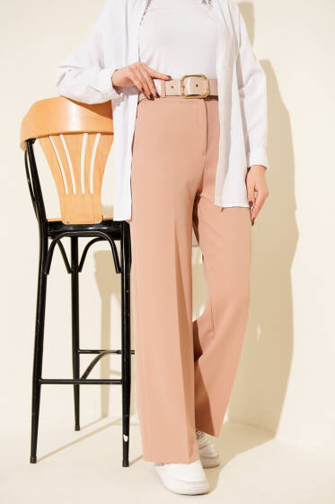 Geniş Kemerli Bol Paça Pantolon Latte - Pantolon