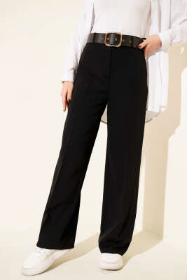 Geniş Kemerli Bol Paça Pantolon Siyah - ZAZA