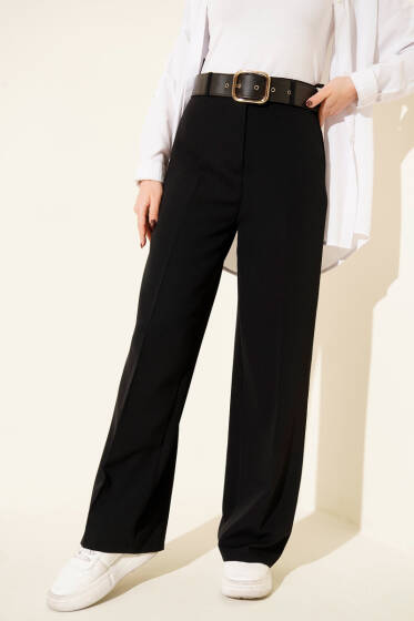 Geniş Kemerli Bol Paça Pantolon Siyah - Pantolon
