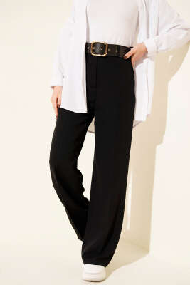 Geniş Kemerli Bol Paça Pantolon Siyah - Pantolon