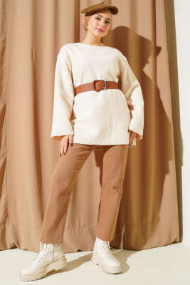 Geniş Kemerli Buklet Tunik Bej - Tunik