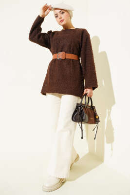 Geniş Kemerli Buklet Tunik Kahve - Tunik