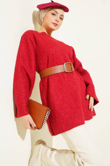 Geniş Kemerli Buklet Tunik Kırmızı - 300-500 TL Ürünler