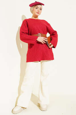 Geniş Kemerli Buklet Tunik Kırmızı - Tunik