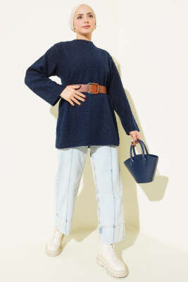 Geniş Kemerli Buklet Tunik Lacivert - Tunik