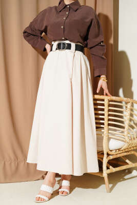 Geniş Kemerli Pileli Tensel Etek Bej - SAS