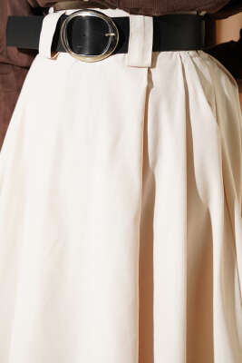 Geniş Kemerli Pileli Tensel Etek Bej - Etek