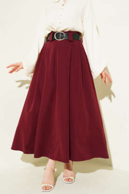 Geniş Kemerli Pileli Tensel Etek Bordo - SAS