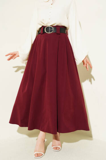 Geniş Kemerli Pileli Tensel Etek Bordo - Etek
