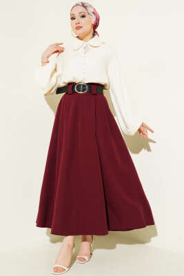 Geniş Kemerli Pileli Tensel Etek Bordo - Etek