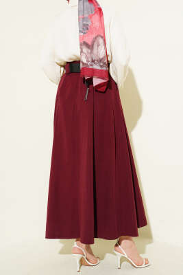 Geniş Kemerli Pileli Tensel Etek Bordo - Etek