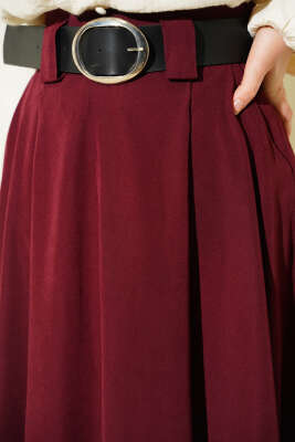 Geniş Kemerli Pileli Tensel Etek Bordo - Etek
