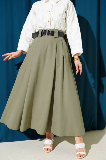 Geniş Kemerli Pileli Tensel Etek Çağla Yeşili - Etek
