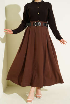 Geniş Kemerli Pileli Tensel Etek Kahve - SAS