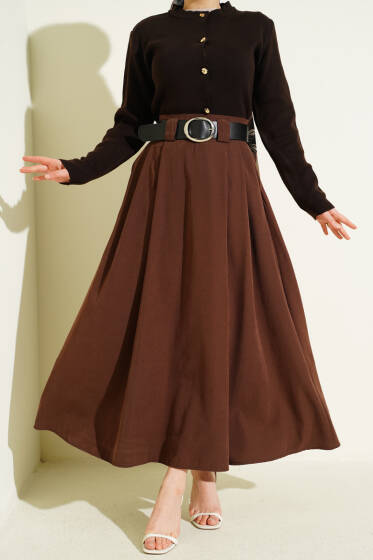Geniş Kemerli Pileli Tensel Etek Kahve - Etek