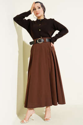 Geniş Kemerli Pileli Tensel Etek Kahve - Etek