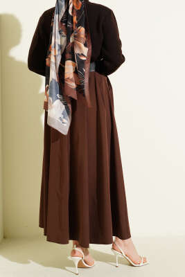 Geniş Kemerli Pileli Tensel Etek Kahve - Etek