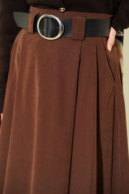 Geniş Kemerli Pileli Tensel Etek Kahve - Etek