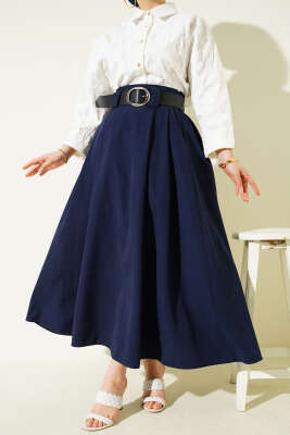 Geniş Kemerli Pileli Tensel Etek Lacivert - SAS