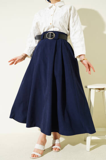 Geniş Kemerli Pileli Tensel Etek Lacivert - Etek