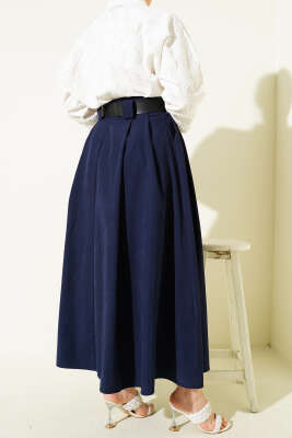 Geniş Kemerli Pileli Tensel Etek Lacivert - Etek
