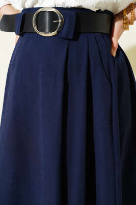 Geniş Kemerli Pileli Tensel Etek Lacivert - Etek