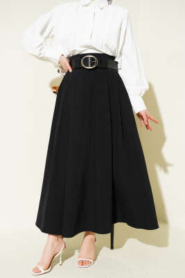 Geniş Kemerli Pileli Tensel Etek Siyah - SAS