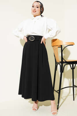 Geniş Kemerli Pileli Tensel Etek Siyah - Etek