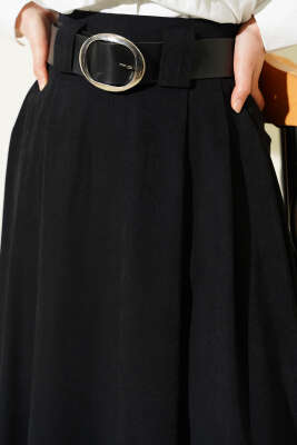 Geniş Kemerli Pileli Tensel Etek Siyah - Etek