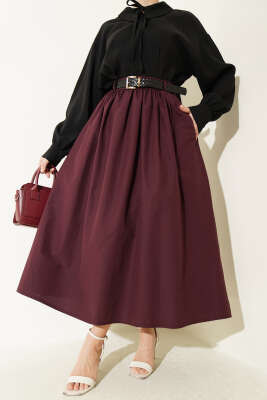 Geniş Kemerli Poplin Etek Burgonya - VAV TEKSTİL