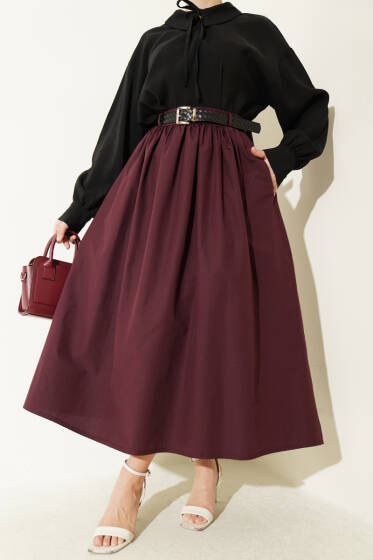 Geniş Kemerli Poplin Etek Burgonya - Etek
