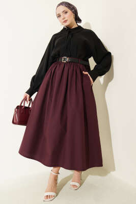 Geniş Kemerli Poplin Etek Burgonya - Etek