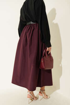 Geniş Kemerli Poplin Etek Burgonya - Etek