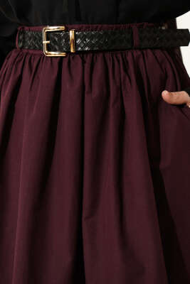 Geniş Kemerli Poplin Etek Burgonya - Etek