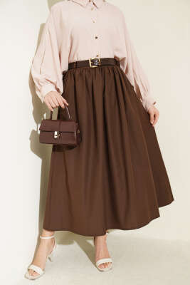 Geniş Kemerli Poplin Etek Kahve - VAV TEKSTİL
