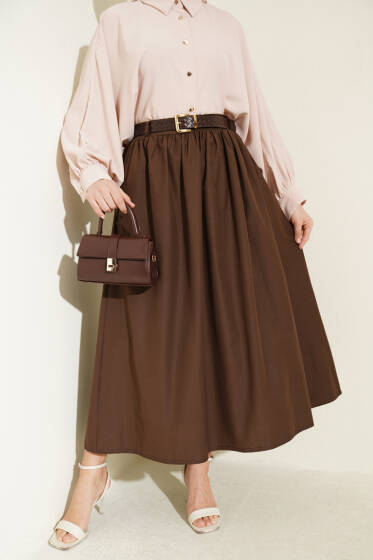 Geniş Kemerli Poplin Etek Kahve - Etek