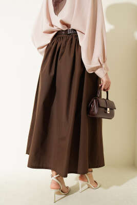 Geniş Kemerli Poplin Etek Kahve - Etek
