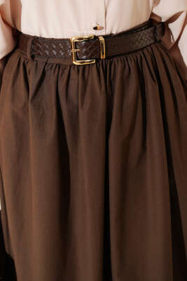 Geniş Kemerli Poplin Etek Kahve - Etek