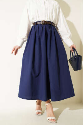 Geniş Kemerli Poplin Etek Lacivert - VAV TEKSTİL
