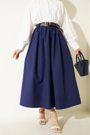 Geniş Kemerli Poplin Etek Lacivert - Etek