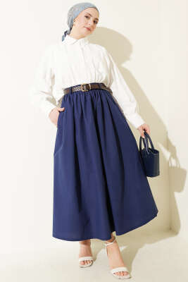 Geniş Kemerli Poplin Etek Lacivert - Etek