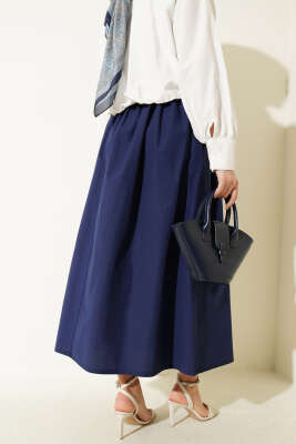 Geniş Kemerli Poplin Etek Lacivert - Etek