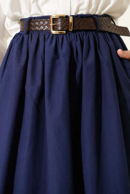 Geniş Kemerli Poplin Etek Lacivert - Etek