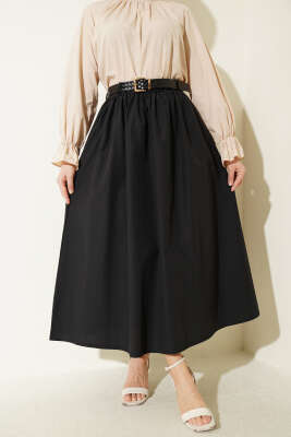 Geniş Kemerli Poplin Etek Siyah - VAV TEKSTİL