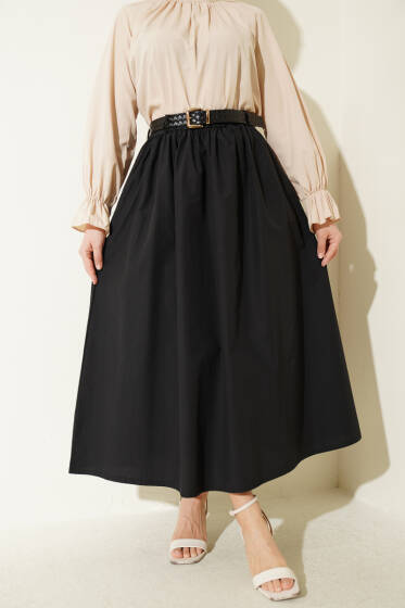 Geniş Kemerli Poplin Etek Siyah - Etek