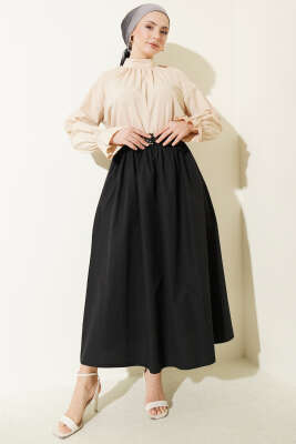 Geniş Kemerli Poplin Etek Siyah - Etek