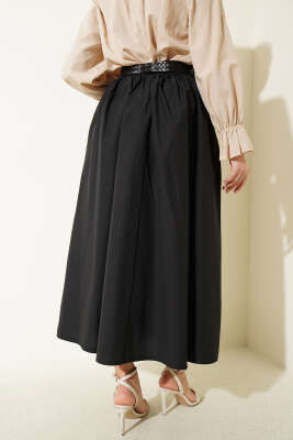 Geniş Kemerli Poplin Etek Siyah - Etek